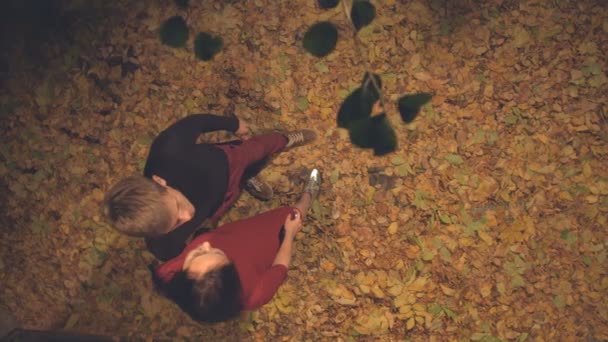 Jong koppel in de bladeren zijn zelf gefotografeerd. Slow-motion. Bovenaanzicht. De jongen en het meisje staan 's avonds onder de gele bladeren. Ze nemen foto's van zichzelf op een smartphone. De camera beweegt over hen van links naar rechts. - Video