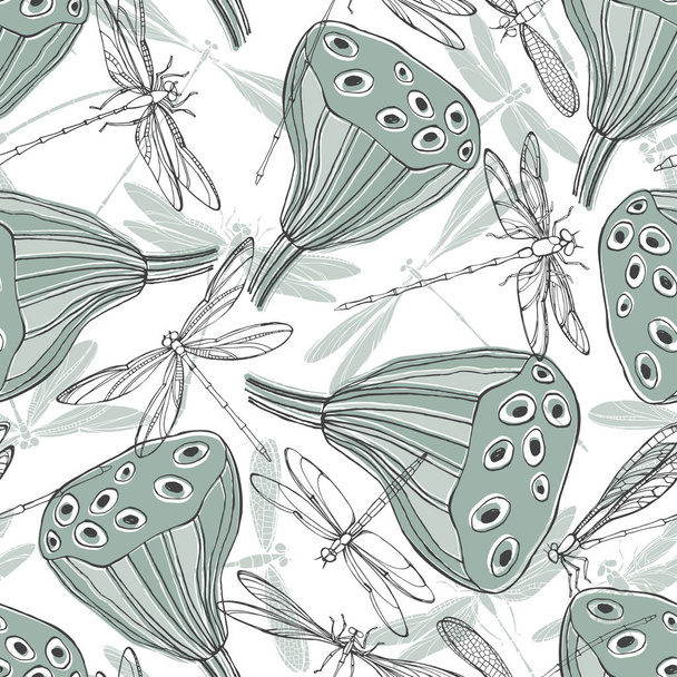 Floral vector pattern with lotuses and dragonflies - Vetor, Imagem