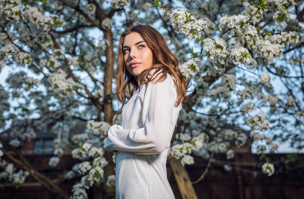 Портрет красивої молодої жінки в білій сукні позує в осінньому саду проти цвітіння вишні
. - Фото, зображення