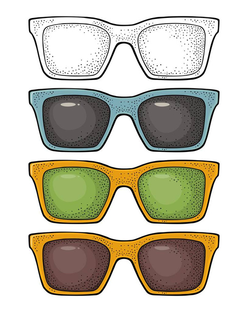 Farklı renkte güneş gözlüğü koleksiyonu. Vintage vektör oymacılığı - Vektör, Görsel