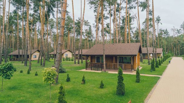 休暇村の静かな森。2018 年 5 月 9 日。ウクライナ。森林保養センター。木。住宅。緑の草.航空写真ビュー. - 写真・画像