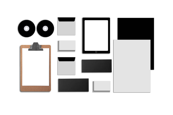 Prázdné firemní ID Set izolované na bílém. Jsou tvořeny vizitky, složky, počítače tablet Pc, obálky, hlavičkové papíry a4, notebooky, flash, tužka, cd disků a chytrých telefonů. - Fotografie, Obrázek