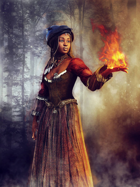 Młoda Czarodziejka voodoo, stojąc w ciemnym lesie w nocy i trzyma płomień w jej dłoni. renderowania 3D. - Zdjęcie, obraz