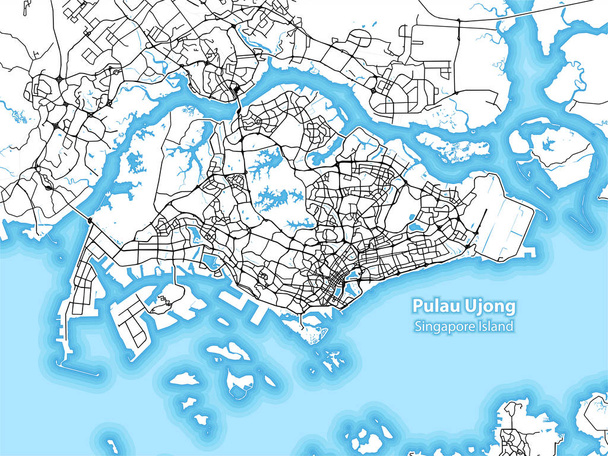 Mapa en dos tonos de la isla de Pulau Ujong, Singapur con las carreteras más grandes, carreteras e islas e islotes circundantes
 - Vector, Imagen