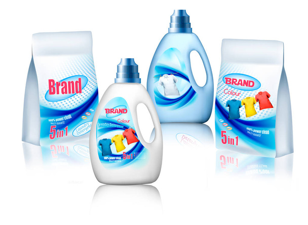 Laundry detergent package design, set of container bottles with label and bags. Vector - Вектор, зображення