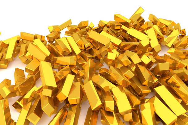 Bunch or pile of gold bars or brick, modern style background or texture. Good for business conceptual backdrop represent fortune, luck, treasure or rich. 3D rendered image. - Photo, Image