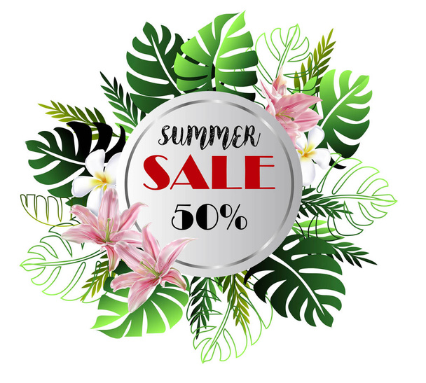 Summer Sale Tropical Banner with lily green leaves , lily and plumeria flower  - Вектор,изображение