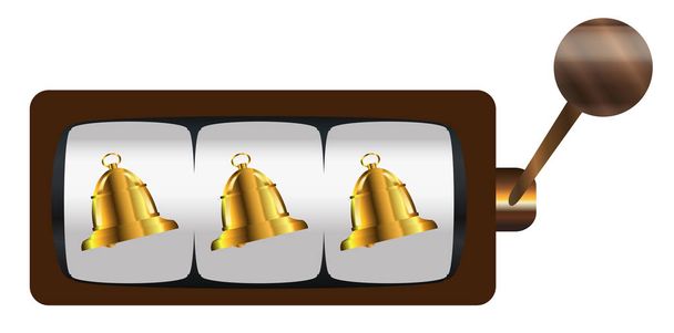 A typical cartoon style three bells on a spin of a one armed bandit or fruit machine over a white background - Vector, Image