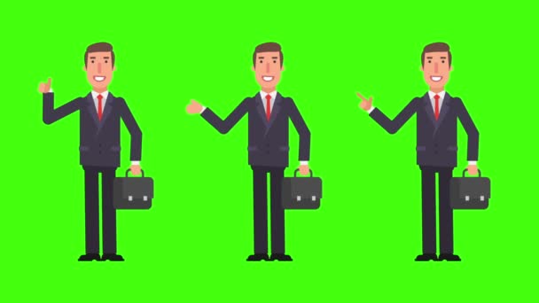 Businessman shows and points finger. Shows thumbs up. Holds suitcase. Green background. Motion Graphics. Animation Video. - Footage, Video