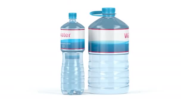 Water bottles with different sizes on white background - Footage, Video