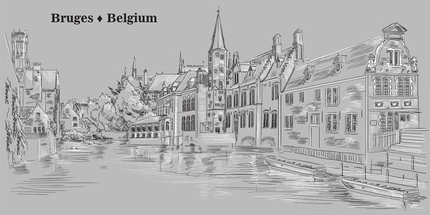 Bekijk op Rozenhoedkaai water aquaduct in Brugge, België. Mijlpaal van België. Hand van de vector illustratie tekening in zwarte en witte kleuren geïsoleerd op een grijze achtergrond. - Vector, afbeelding