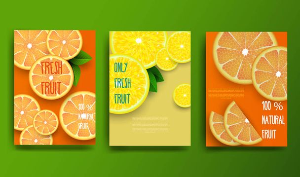 オレンジのポスター。オレンジとレモンのスライスを葉でスライスします。パンフレット、レイアウトデザイン、バナー、カバー、チラシのフルーツパターン。ベクターイラスト. - ベクター画像