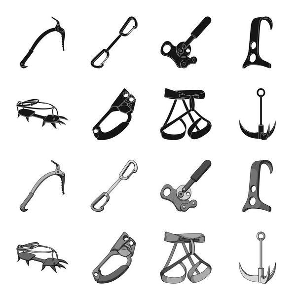 Hook, mountaineer harness, insurance and other equipment.Mountaineering set collection icons in black,monochrome style vector symbol stock illustration web. - Wektor, obraz