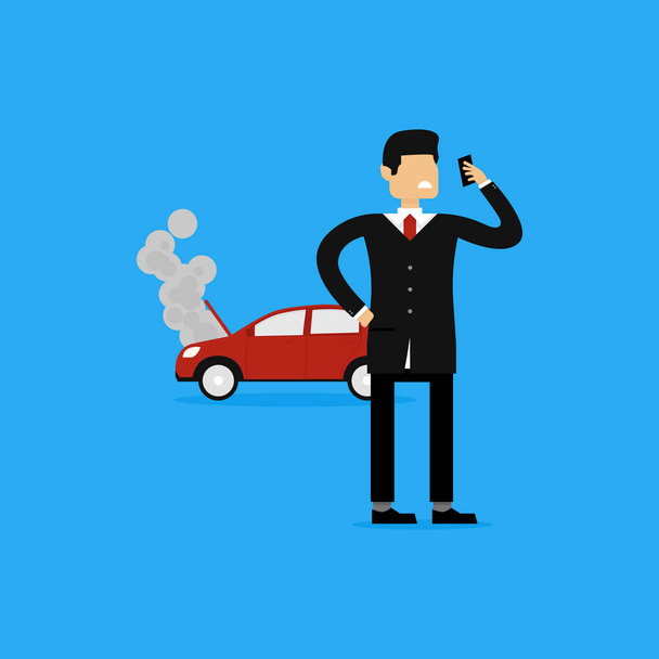 Векторная концепция иллюстрации предпринимателя, призывающего страховую компанию к перегреву красного автомобиля
 - Вектор,изображение
