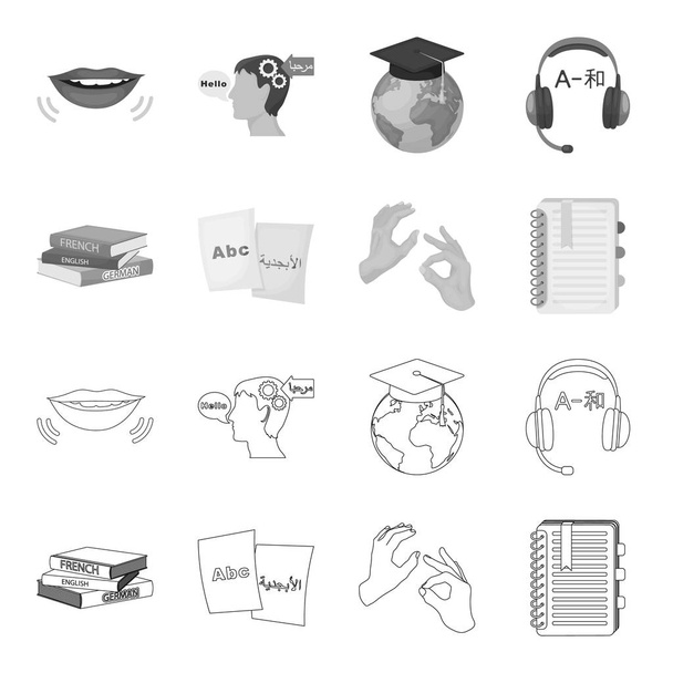 A pile of books in different languages, sheets of paper with translation, a gesture of deaf mutes, a notebook with text. Interpreter and translator set collection icons in outline,monochrome style - Vector, Image