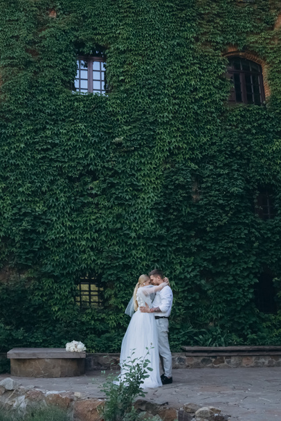 beautiful bride and groom embracing in front of building covered with vine and green leaves - Фото, зображення