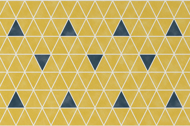 黄色の背景と壁の包装紙のデザインの質感に幾何学的な三角形の形をした抽象的なパターン - 写真・画像