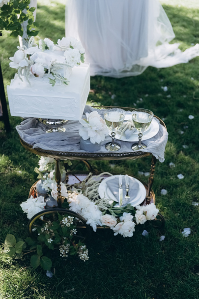 wheeled table with wedding cake and glasses of champagne on green grass - Foto, imagen