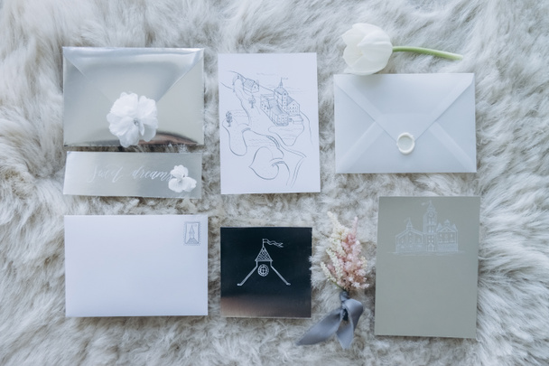 top view of wedding invitations on furry carpet - Photo, Image