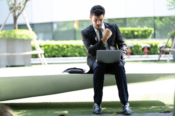 Homme d'affaires enthousiaste avec succès.Il est assis sur un parc d'été en utilisant un ordinateur portable
. - Photo, image