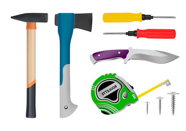 Herramientas de construcción.Set de herramientas. Destornillador, martillo, hacha, cinta métrica, cuchillo, tornillo. Ilustración vectorial
. - Vector, Imagen