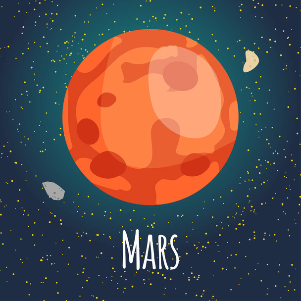 Wektor ilustracja planety Mars w stylu cartoon płaski. Plakat dla dzieci pokój, edukacja. ? ard składu planety, gwiazdy, komety, konstelacje, statek kosmiczny - Wektor, obraz