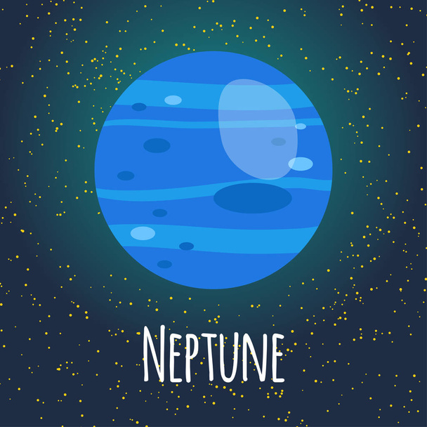 Vektorové ilustrace planety Neptun v ploché kreslený styl. Plakát pro dětský pokoj, vzdělávání. ? ard složení planety, hvězdy, komety, souhvězdí, vesmírná loď - Vektor, obrázek