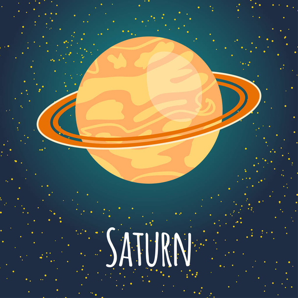 Vektorové ilustrace planeta Saturn v ploché kreslený styl. Plakát pro dětský pokoj, vzdělávání. ? ard složení planety, hvězdy, komety, souhvězdí, vesmírná loď - Vektor, obrázek