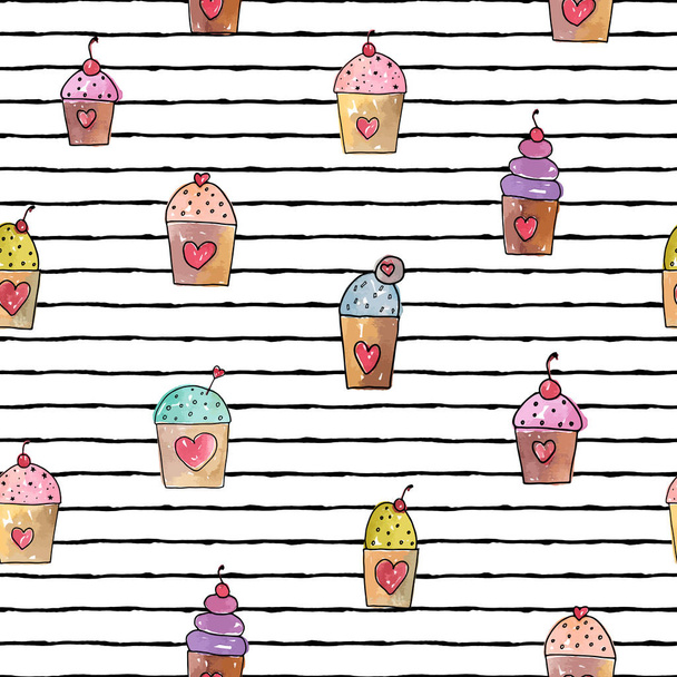 Vector illustration. Stylized cupcake set on striped background. Print design. Element of seamless pattern. - Vector, Image