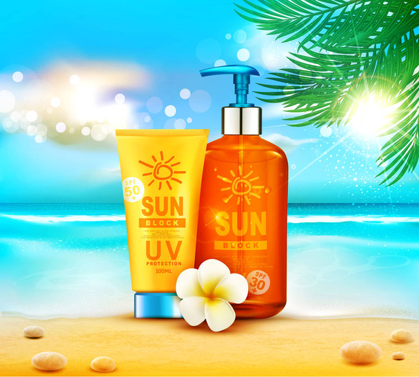 Two bottles of sun protection cosmetic  - Vektor, Bild