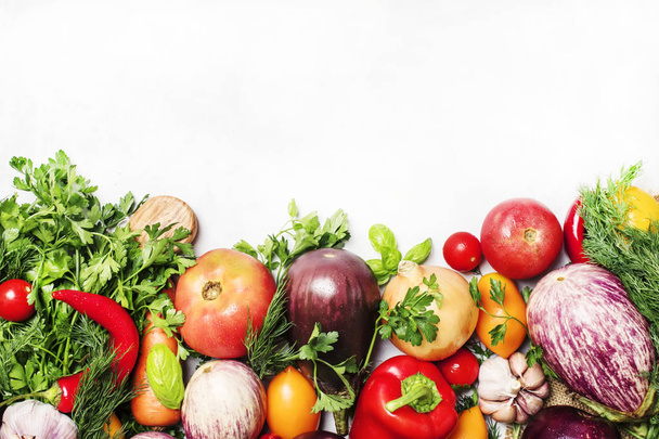 Food background, vegetarian concept, fresh vegetables and herbs, top view - Zdjęcie, obraz