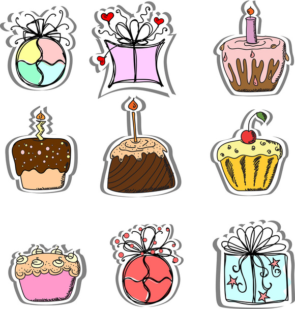 Birthday gifts and cupcakes - Vector, Image