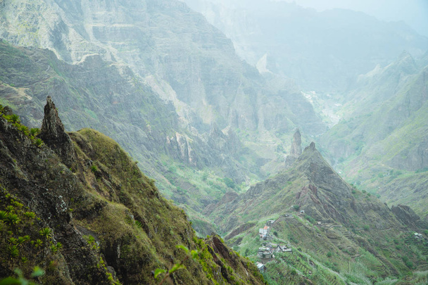 Moody view to fertile Xo-xo valley. Scenic landscape of bluff green mountain slopes and rocks. Santo Antao cape Verde - Photo, image
