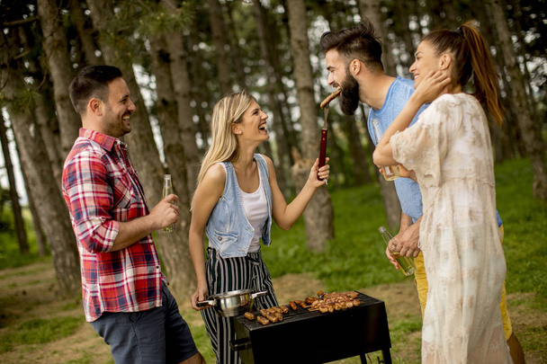 Groep jongeren genieten van barbecue partij in de natuur - Foto, afbeelding