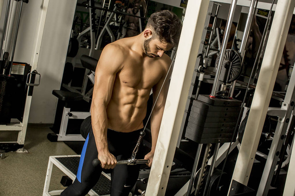 Desnudo torso muscular hombre haciendo ejercicio en el gimnasio haciendo ejercicios de tríceps
 - Foto, Imagen
