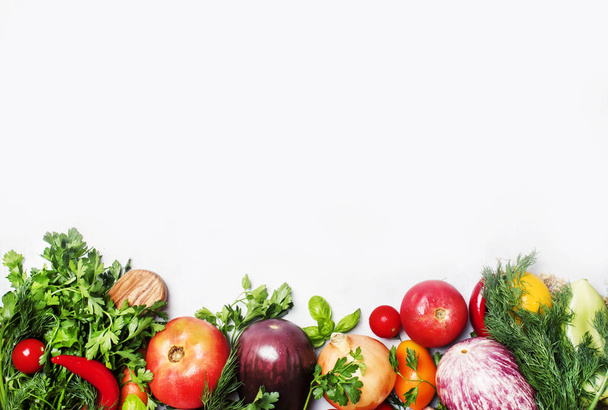 Food background, vegetarian concept, fresh vegetables and herbs, top view - Fotó, kép