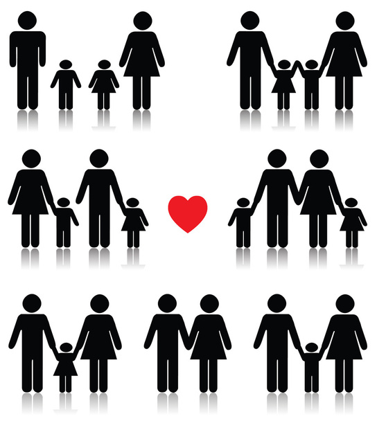 gezinsleven pictogrammenset in zwart-wit met een rood hart - Vector, afbeelding