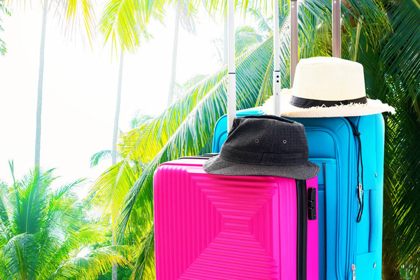 Modré a růžové plavky dva kufry zavazadla cestovní věci příslušenství oblečení letní čepice koncept letní dovolenou dobrodružství Příprava Trip izolované na Palm tropické pozadí - Fotografie, Obrázek