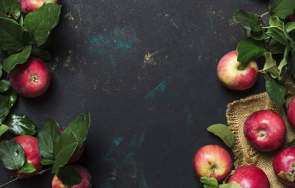 Red apples, autumn harvest, food background, top view - Valokuva, kuva