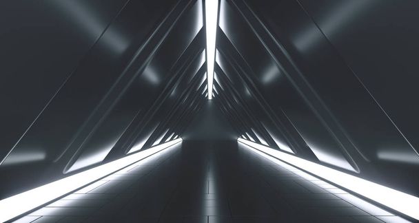 Dark Futuristic Triangle Sci-Fi Empty Corridor Room With Lights And Reflection. 3D Rendering Illustration - Photo, Image
