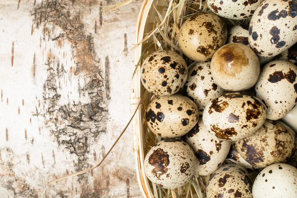 Αυγά ορτυκιού σε φωλιά σε ρουστίκ ξύλινο φόντο. Έννοια υγιεινής διατροφής. - Φωτογραφία, εικόνα