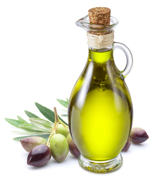 Bottle of olive oil and olive berries on white background. - Foto, afbeelding