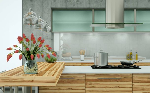 Wooden modern kitchen in a loft with concrete wall - Foto, imagen