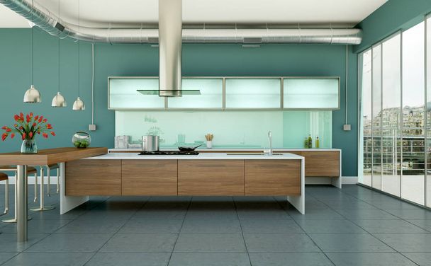 moderne Küche im Dachgeschoss mit grauen Wänden - Foto, Bild