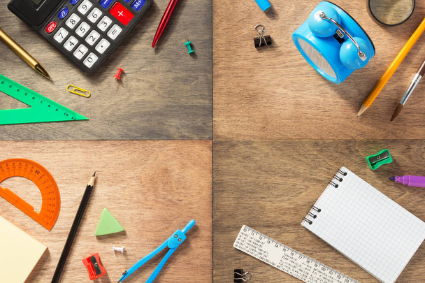 school supplies at abstract wooden background - Zdjęcie, obraz