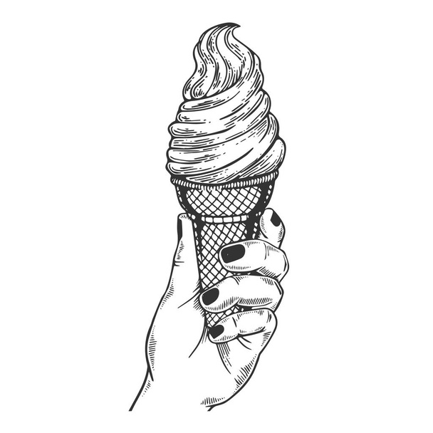 Ice cream in hand engraving vector illustration - Вектор,изображение