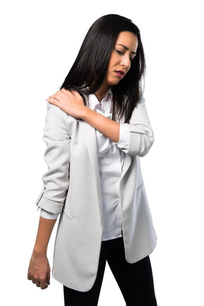 Pretty woman with shoulder pain on white background - Foto, Imagem