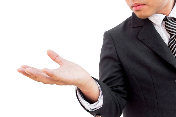 Businessman hand holds somthing isolated on white background - Photo, Image