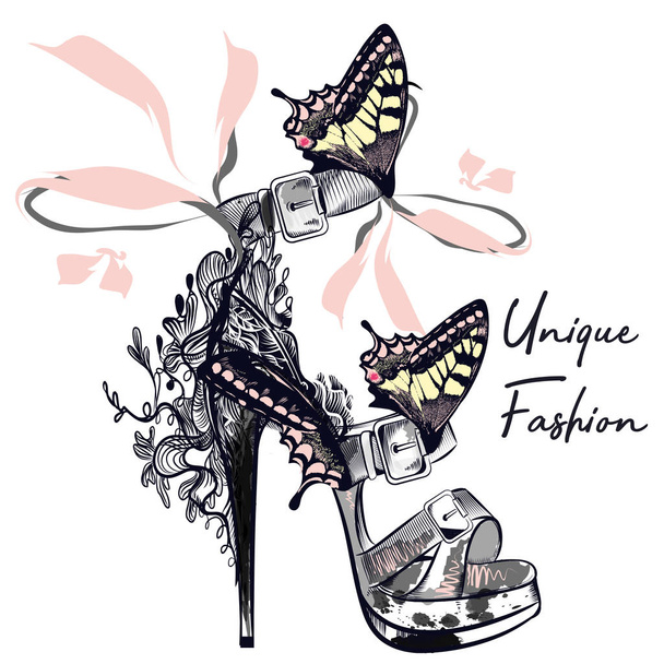 Fashion vector illustration with stylish female shoe decorated by butterflies - Wektor, obraz