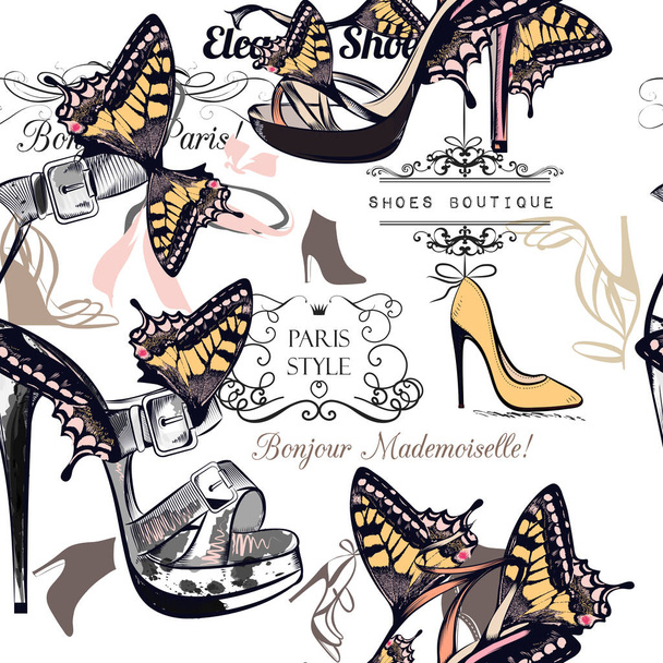 Fashion vector pattern with stylish female shoes decorated by butterflies - Vettoriali, immagini